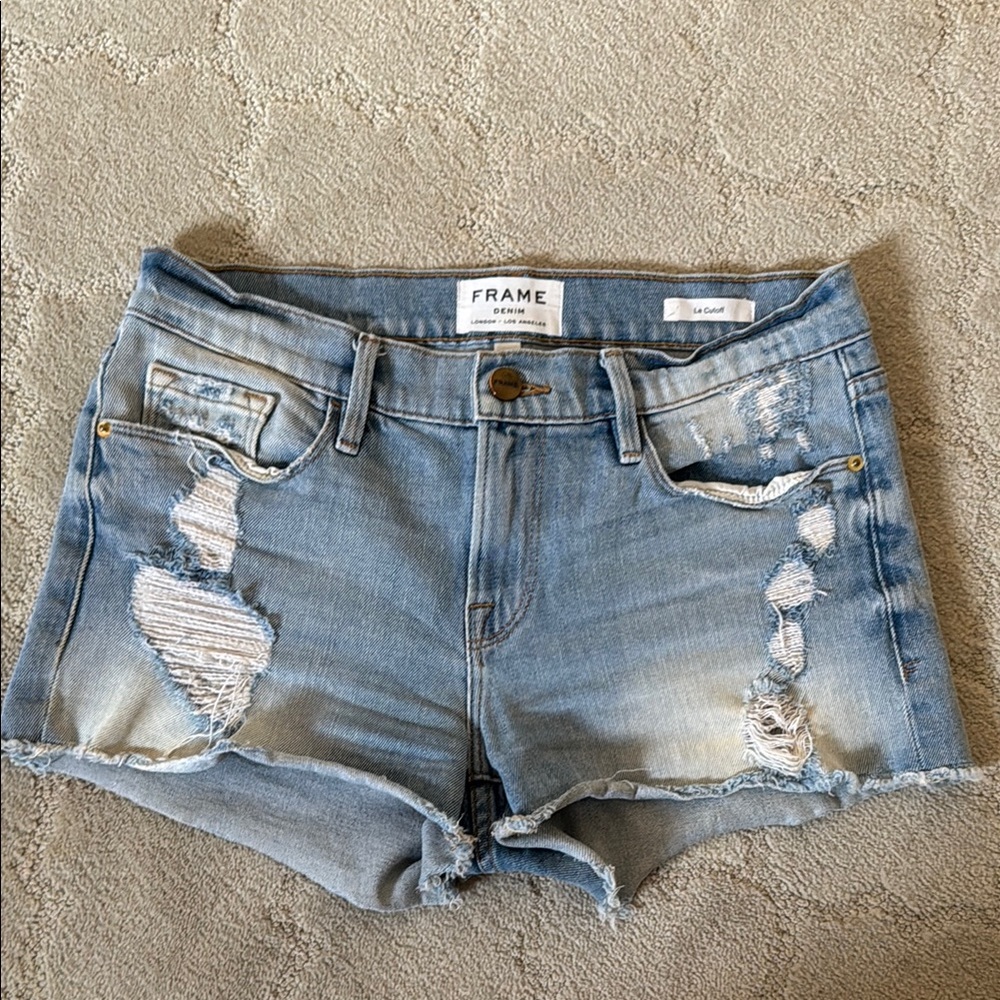 Frame Denim Women's Le Cutoff Light Blue Distressed Jean Shorts Sz 25